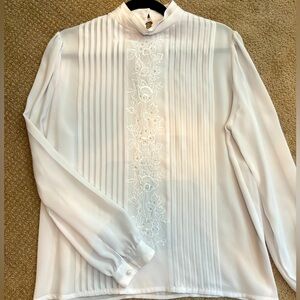 Vintage White Blouse with Adorned Details and Pleats SZ M-L dry cleaning tag